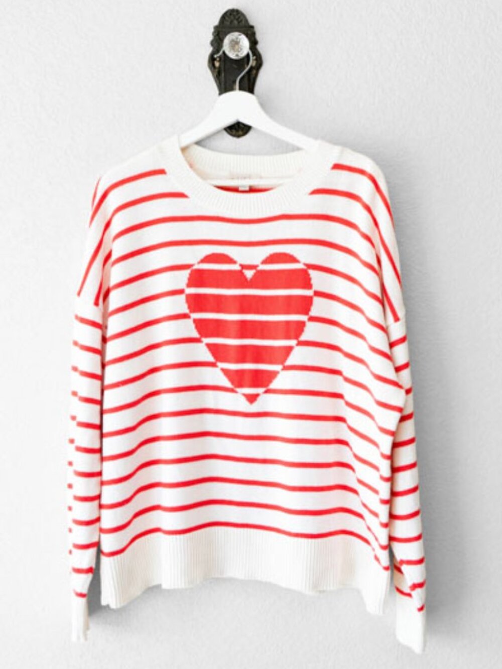 LOFT Heart Sweater Womens XL White Red Stripe 100% Cotton Crew Neck Valentine